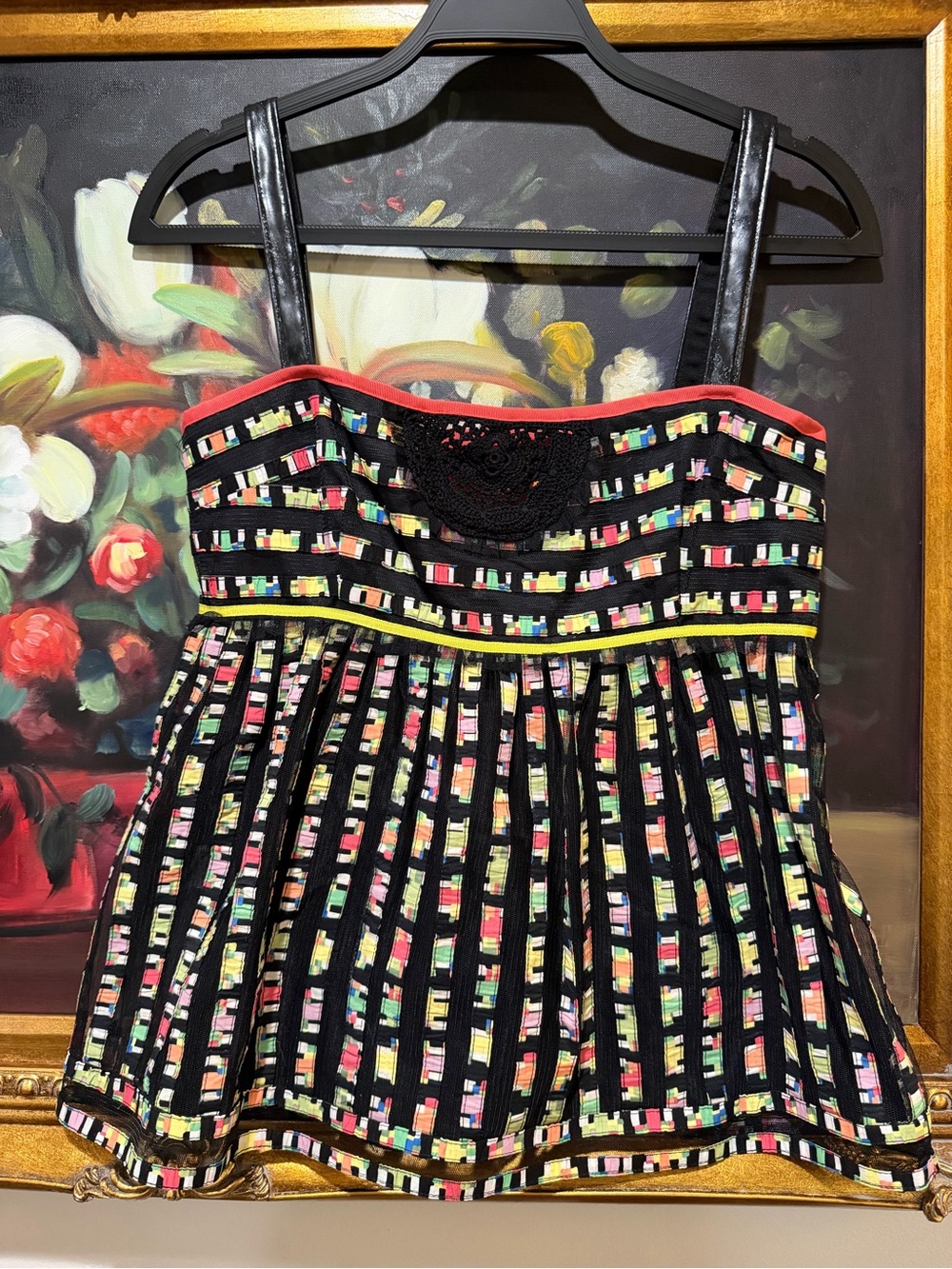 Cynthia Steffe Black Multicolor Patterned Shirt with Faux-Leather Straps